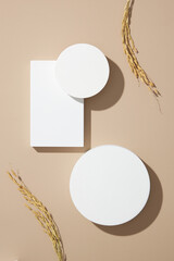  traditional food wheat and rice with white podium in light purple background for product advertising , traditional food content , top view