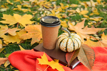 Cup of coffee, pumpkin, book and fallen leaves in autumn park