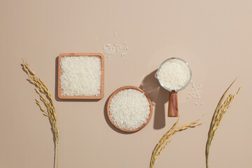  traditional food wheat and rice with white podium in light purple background for product advertising , traditional food content , top view