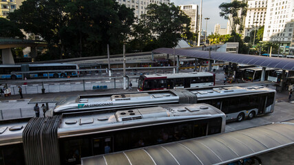 Sao Paulo, Brazil November 23 2021. Movement of buses and passengers in Bandeira Bus Terminal, in...