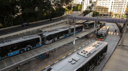 Movement of buses and passengers in Bandeira Bus Terminal, in downtown Sao Paulo