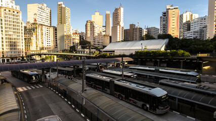 Sao Paulo, Brazil November 23 2021. Movement of buses and passengers in Bandeira Bus Terminal, in...