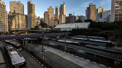 Fototapeta na wymiar Sao Paulo, Brazil November 23 2021. Movement of buses and passengers in Bandeira Bus Terminal, in downtown Sao Paulo