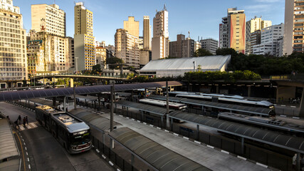 Sao Paulo, Brazil November 23 2021. Movement of buses and passengers in Bandeira Bus Terminal, in...