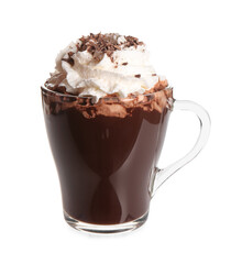 Glass cup of tasty hot chocolate on white background