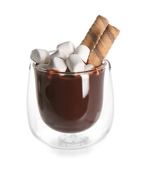 Glass of tasty hot chocolate with marshmallows on white background