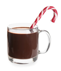 Glass cup of tasty hot chocolate with candy cane on white background