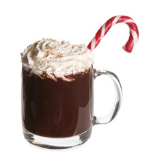 Glass cup of tasty hot chocolate with candy cane on white background