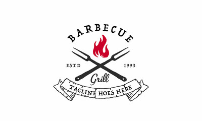 Vintage Grill Barbeque barbecue bbq with crossed fork and fire flame Logo design