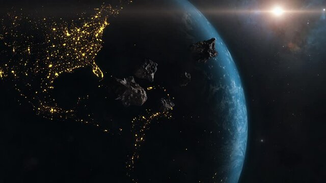 Look at globe from space with sun in background asteroids flying towards earth