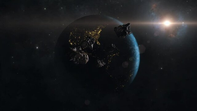 Look at globe from space with sun in background asteroids flying towards earth