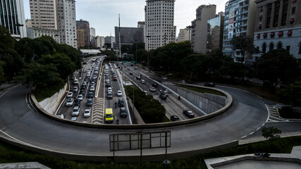 Fototapeta premium Sao Paulo, Brazil November 23 2021. Traffic Jam in entrance of Anhangabau Tunnel and 23 de Maio Avenue in downtown Sao Paulo, Brazil.