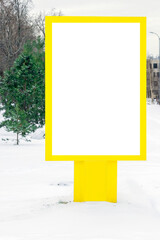 Street vertical billboard with a white background in a yellow frame for business advertising, images. 