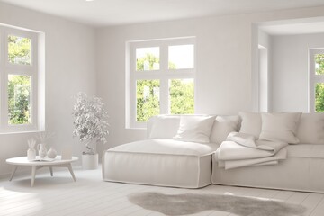 Mock up of stylish room in white color with sofa and green landscape in window. Scandinavian interior design. 3D illustration