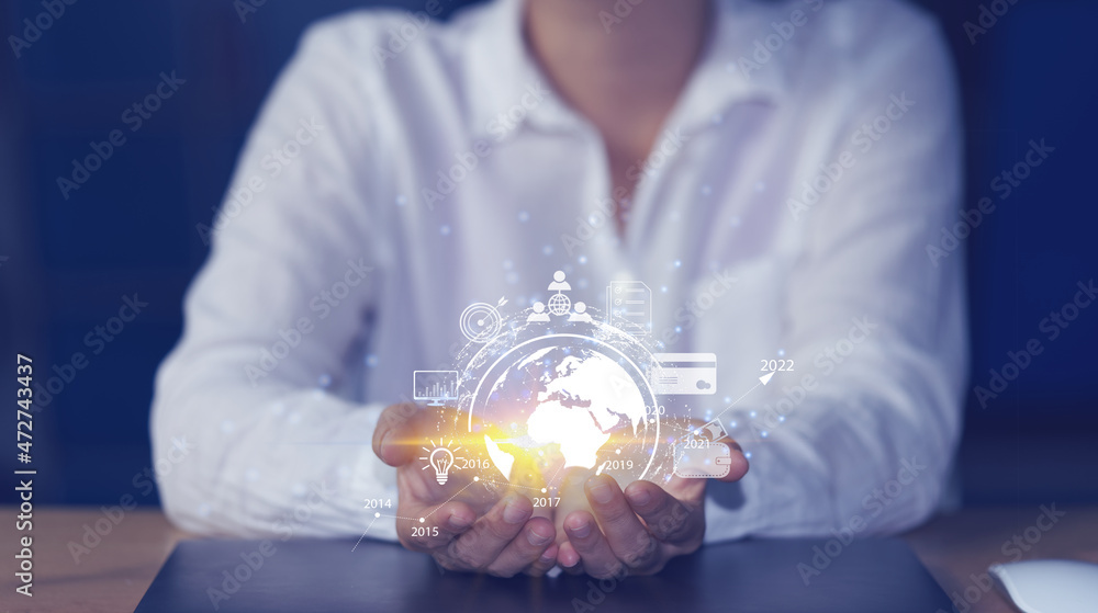 Poster Business creates a virtual icon global internet connection metaverse internet connection application technology for global business and digital marketing Digital Link Technology Finance and Banking