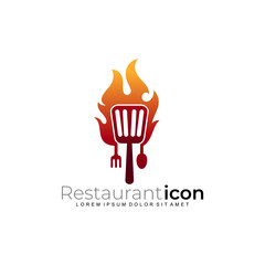 Barbecue logo with fire design combination, spatula logo and fire icon