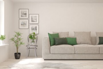 White living room with sofa. Scandinavian interior design. 3D illustration