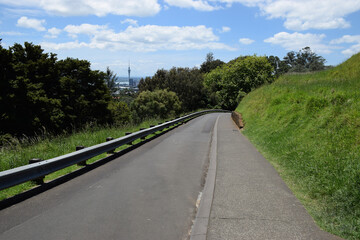 Fototapeta na wymiar View down a country lane in Auckland, New Zealand, with the Sky Tower in the background