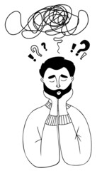 Pensive man. Sad or thinking man with beard. Doubts, thoughts and questions in head. Vector illustration. Psychology and concept of doubt. Isolated hand drawing doodle on white background