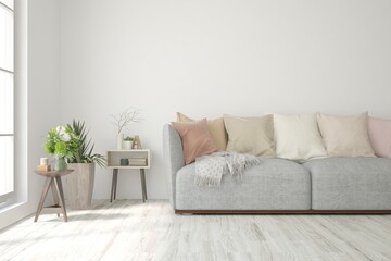 White living room with sofa. Scandinavian interior design. 3D illustration