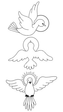 Vector illustration of Holy Spirit. Collection of outline, line doodle - Dove with halo in flight. Religious icon of Holy Spirit. Elements for design of religious projects 