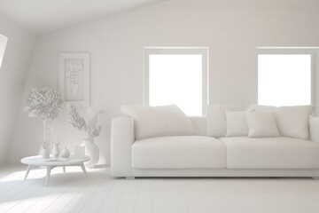 Mock up of minimalist living room in white color with sofa. Scandinavian interior design. 3D illustration