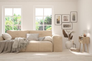 Minimalist living room in white color with sofa and summer landscape in window. Scandinavian interior design. 3D illustration