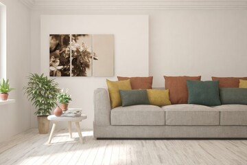 White living room with sofa. Scandinavian interior design. 3D illustration