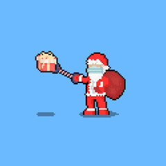 Pixel art santa claus character giving a gift pandemic edition.