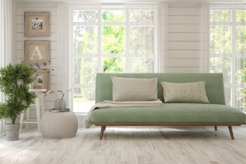 Minimalist living room in white color with sofa and summer landscape in window. Scandinavian interior design. 3D illustration