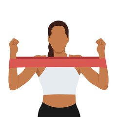 Woman doing toned arm stretch with resistance band exercise. Flat vector illustration isolated on white background
