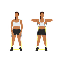 Woman doing Cable upright row with resistance band exercise. Flat vector illustration isolated on white background - obrazy, fototapety, plakaty