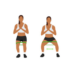 Obraz na płótnie Canvas Woman doing Side shuffles. Crab walk training and stretching. Resistance band exercise. Flat vector illustration isolated on white background