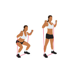 Woman doing Resistance band squat exercise. Flat vector illustration isolated on white background