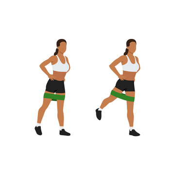 Woman doing Rear leg raise Resistance band exercise. Flat vector illustration isolated on white background