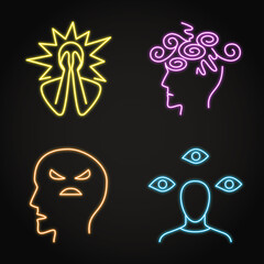 Neon mental disorders icon set in line style