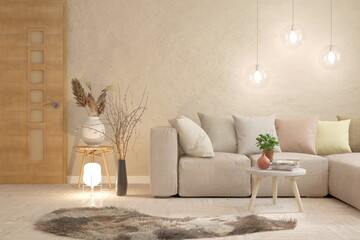 Stylish and scandinavian living room interior of modern apartment with cozy sofa. 3D illustration