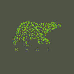 Bear logo vector illustration with green leaves pattern. wild animal logo template. organic design concept.