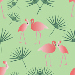 Obraz premium Couple of pink flamingos and fan palm leaves seamless pattern