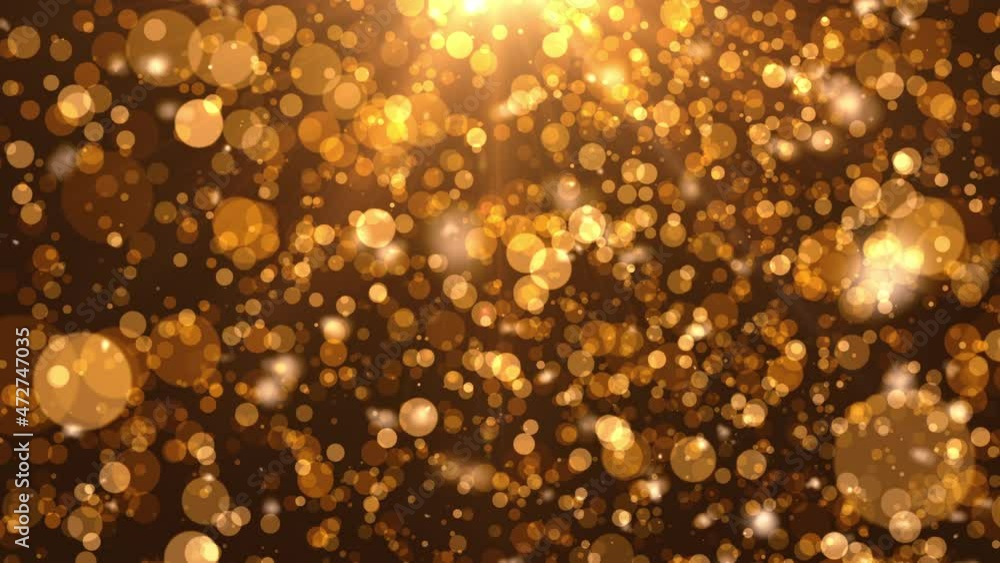 Poster bokeh gold color digital particles flow and light flare. technology abstract background concept. 4k