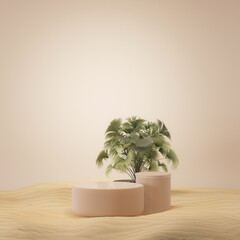 Abstract platform podium on water background. Stone pedestal premium podium, leaf . Realistic pastel mock-up for products promotion, cosmetics presentation. 3d render