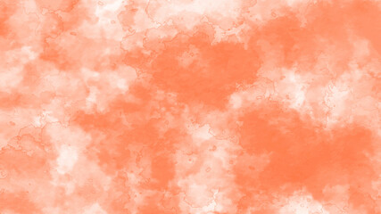 Light orange coral sky with fluffy big clouds, sky background. shabby paint and plaster cracks