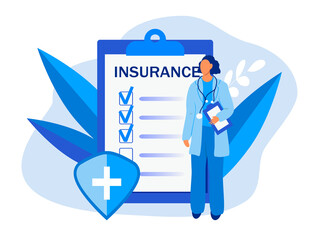 vector illustration on the theme of health insurance. Insurance policy blank and doctor. Trendy illustration in flat style