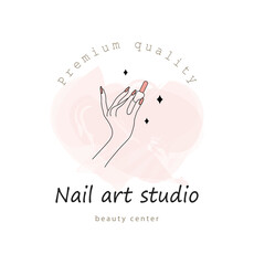 Vector logo template for nail art studio. Modern design for manicure and pedicure salon beauty and spa center. Linear illustration isolated on pink watercolor background.