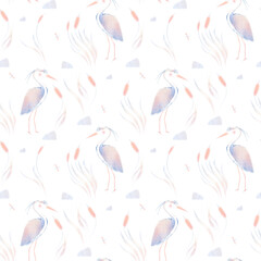 Fototapeta na wymiar Watercolor delicate seamless pattern with illustration of birds heron in the water, reeds, grass, butterfly, stone isolated on white background.