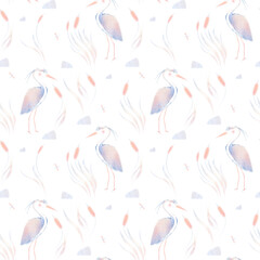 Watercolor delicate seamless pattern with illustration of birds heron in the water, reeds, grass, butterfly, stone isolated on white background.
