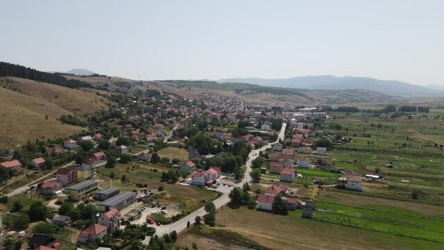Aerial View of Gacko, Industrial Town and Home of Coal Power Plant in Bosnia and Herzegovina, Buildings and Landscape, Drone Shot