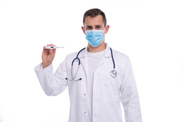 Doctor Showing Thermometer Wearing Medical Mask Isolated. Man Doctor with Thermometer in Hands. Healthy Life, Doctor, Virus Concept