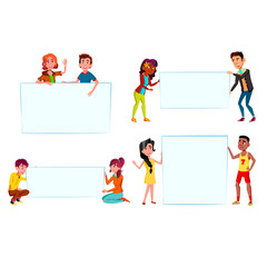 Boys And Girls Teenagers Holding Banner Set Vector. Schoolboys And Schoolgirls Teens Hold Blank Banner On School Presentation Or Supporting Sport Team. Characters Flat Cartoon Illustrations