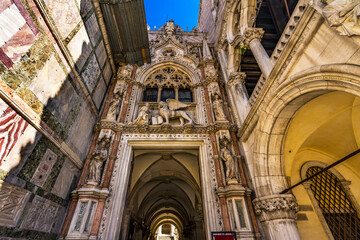 Entrance of the Doge's Palace in the Piazza San Marco in Venice, Italy. Erected in 1340 as the seat of palace.